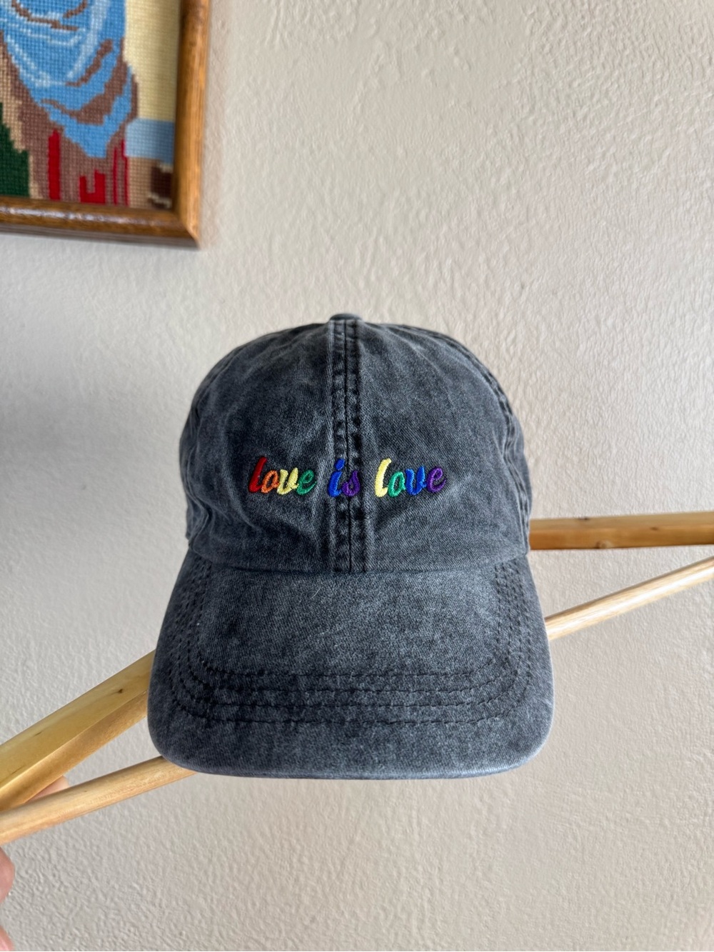 Washed Charcoal 'love is love' Embroidered Cotton Denim Cap | Adjustable Sun Hat